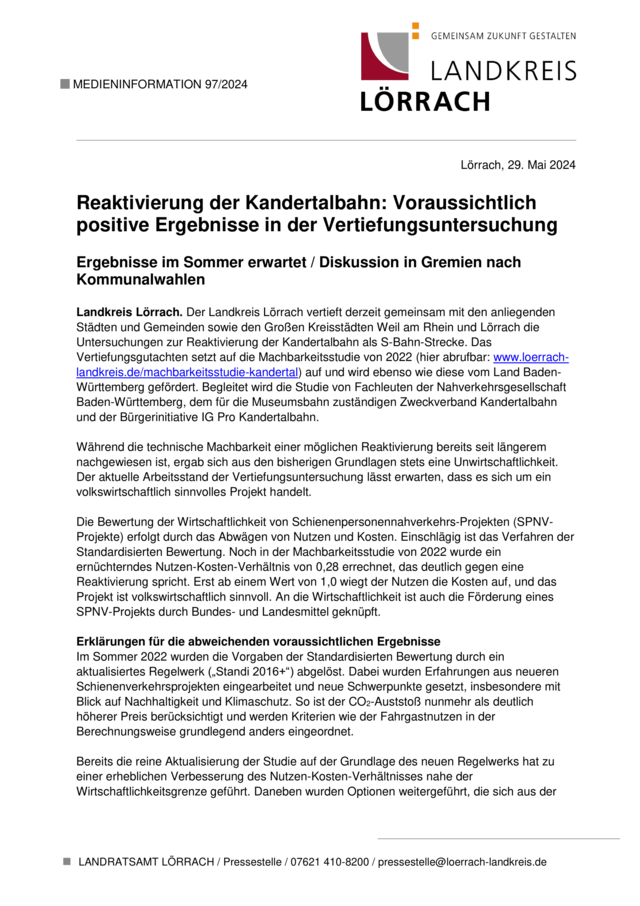 Reaktivierung der Kandertalbahn - Medieninformation 97/2024