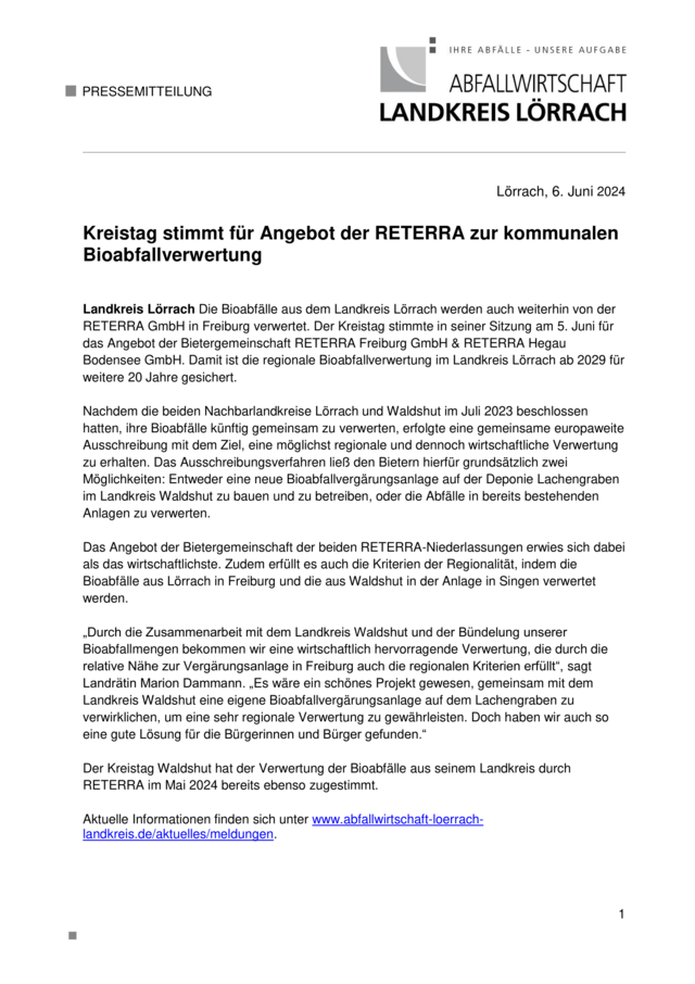 Kreistag stimmt für Angebot der RETERRA zur kommunalen Bioabfallverwertung