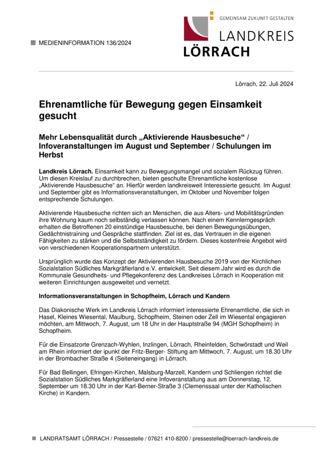 Ehrenamtliche für Bewegung gegen Einsamkeit gesucht